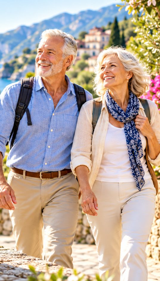 Una coppia di 60–70 anni passeggia sorridendo lungo la costa